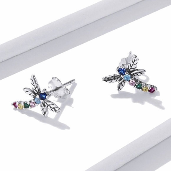 925 Sterling Silver Colorful Multiple Zircon Dragonfly Stud Earrings. - Picture 3 of 8